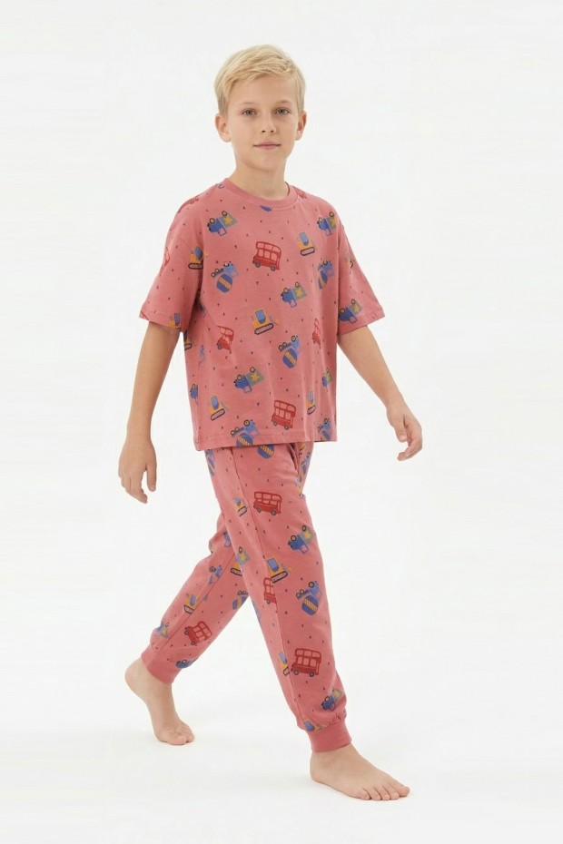 Garson Erkek Çocuk İş Makineleri ve Araç Desenli %100 Pamuk Reaktif Boyalı Süprem Kumaş Kısa Kollu Pijama Takımı