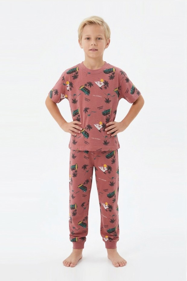 Garson Erkek Çocuk Sörf Tahtalı Karavan ve Palmiye Desenli %100 Pamuk Reaktif Boyalı Süprem Kumaş Kısa Kollu Pijama Takımı