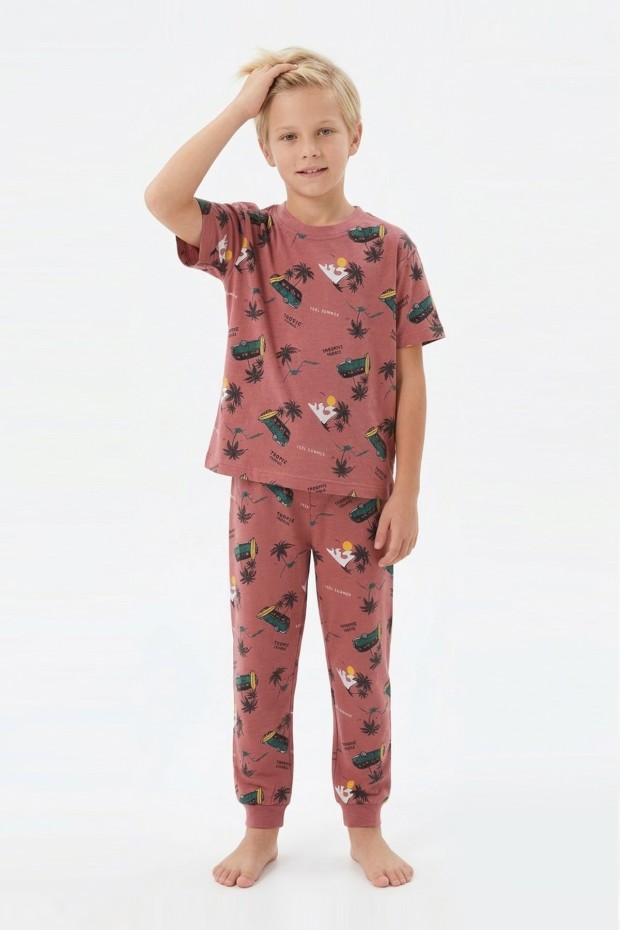 Garson Erkek Çocuk Sörf Tahtalı Karavan ve Palmiye Desenli %100 Pamuk Reaktif Boyalı Süprem Kumaş Kısa Kollu Pijama Takımı