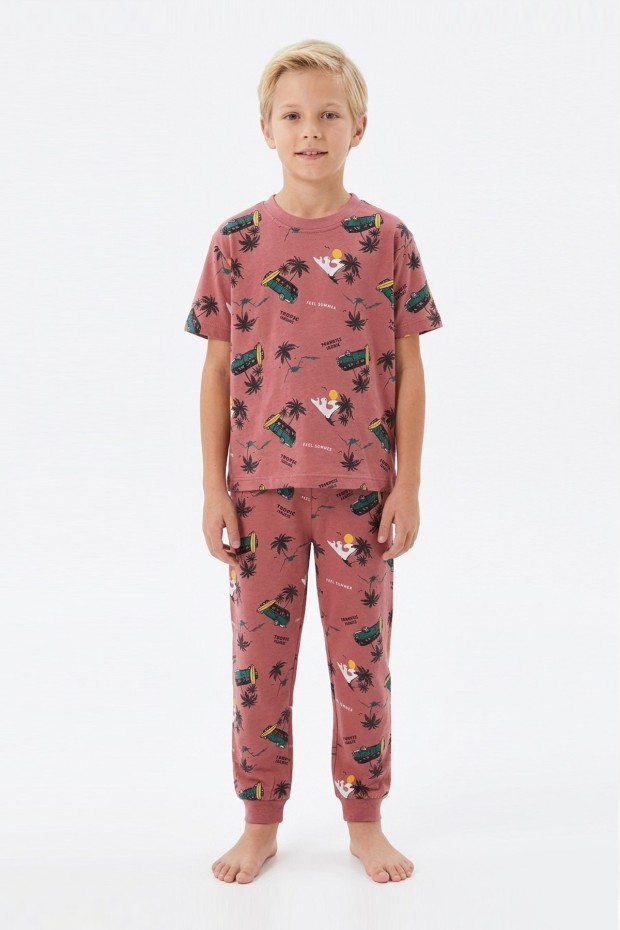 Garson Erkek Çocuk Sörf Tahtalı Karavan ve Palmiye Desenli %100 Pamuk Reaktif Boyalı Süprem Kumaş Kısa Kollu Pijama Takımı