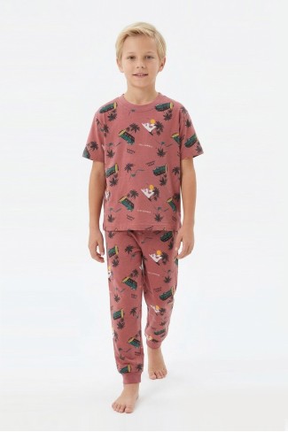 Garson Erkek Çocuk Sörf Tahtalı Karavan ve Palmiye Desenli %100 Pamuk Reaktif Boyalı Süprem Kumaş Kısa Kollu Pijama Takımı