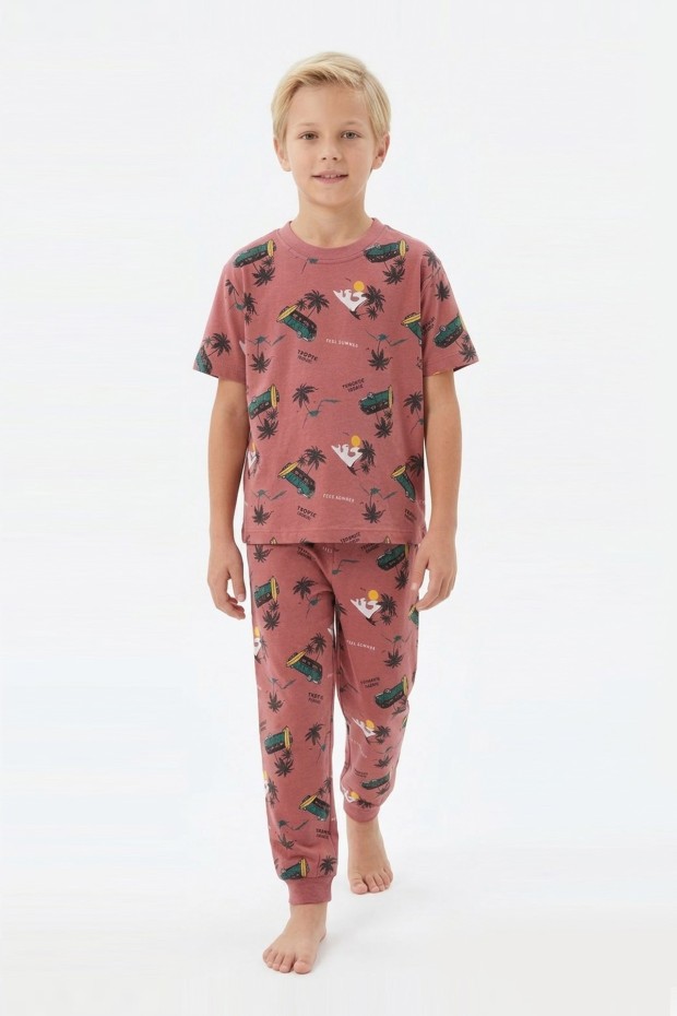 Garson Erkek Çocuk Sörf Tahtalı Karavan ve Palmiye Desenli %100 Pamuk Reaktif Boyalı Süprem Kumaş Kısa Kollu Pijama Takımı