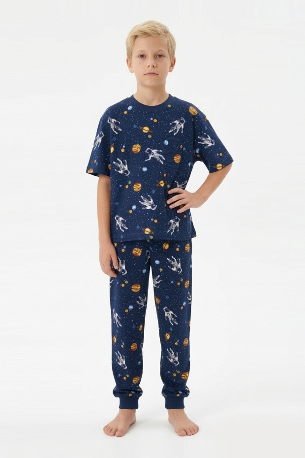Garson Erkek Çocuk Astronot ve Gezegen Uzay Desenli  %100 Pamuk Reaktif Boyalı Süprem Kumaş Kısa Kollu Pijama Takımı