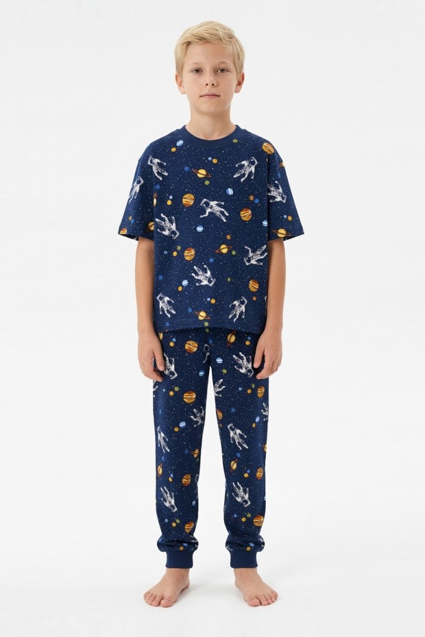 Garson Erkek Çocuk Astronot ve Gezegen Uzay Desenli  %100 Pamuk Reaktif Boyalı Süprem Kumaş Kısa Kollu Pijama Takımı