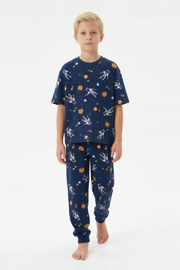 Garson Erkek Çocuk Astronot ve Gezegen Uzay Desenli  %100 Pamuk Reaktif Boyalı Süprem Kumaş Kısa Kollu Pijama Takımı