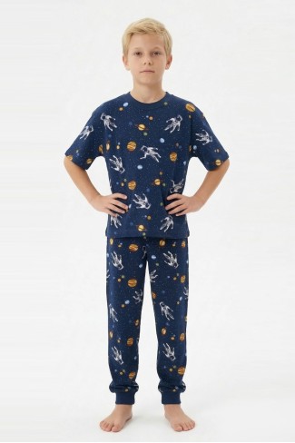 Garson Erkek Çocuk Astronot ve Gezegen Uzay Desenli  %100 Pamuk Reaktif Boyalı Süprem Kumaş Kısa Kollu Pijama Takımı