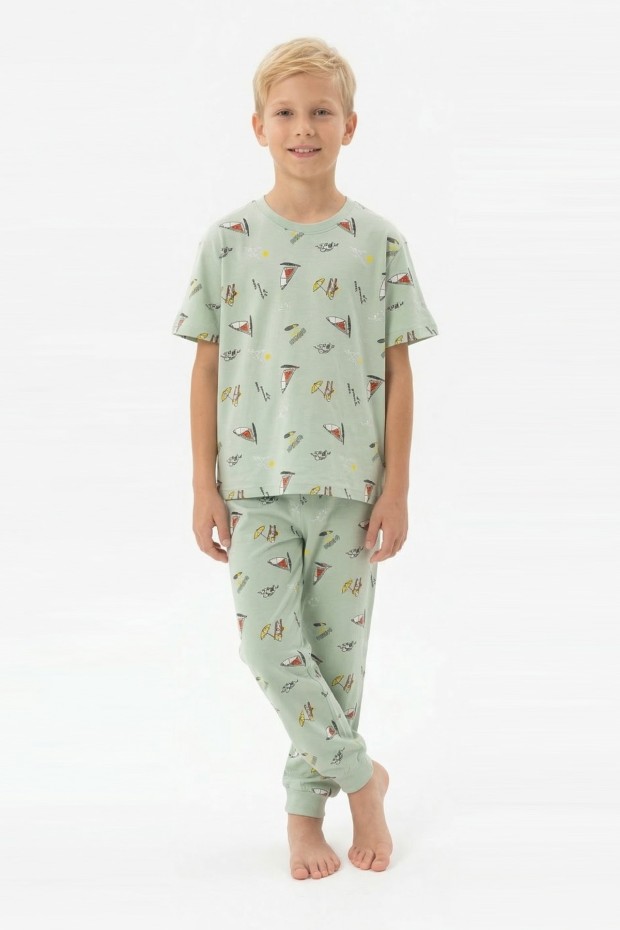 Garson Erkek Çocuk Yelkenli Desenli %100 Pamuk Reaktif Boyalı Süprem Kumaş Kısa Kollu Pijama Takımı