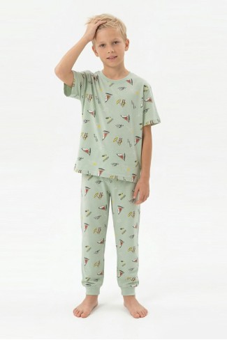 Garson Erkek Çocuk Yelkenli Desenli %100 Pamuk Reaktif Boyalı Süprem Kumaş Kısa Kollu Pijama Takımı