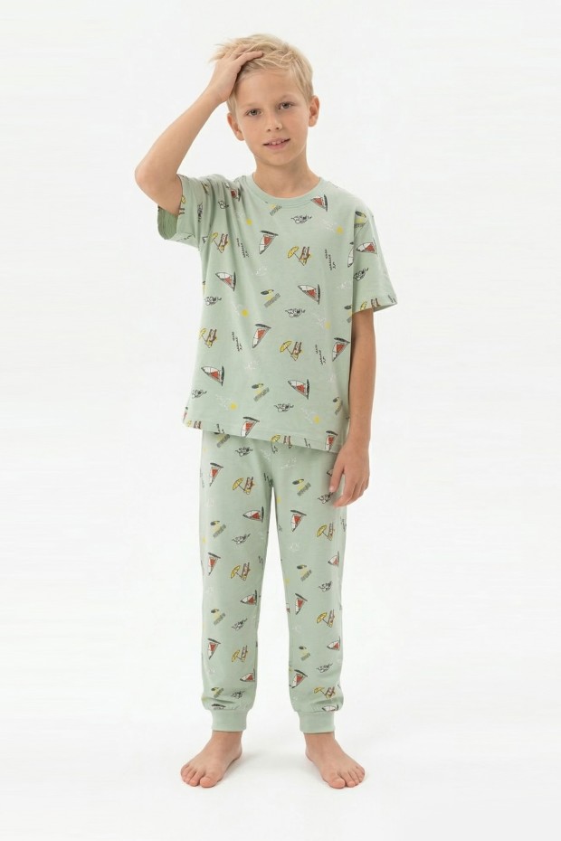 Garson Erkek Çocuk Yelkenli Desenli %100 Pamuk Reaktif Boyalı Süprem Kumaş Kısa Kollu Pijama Takımı