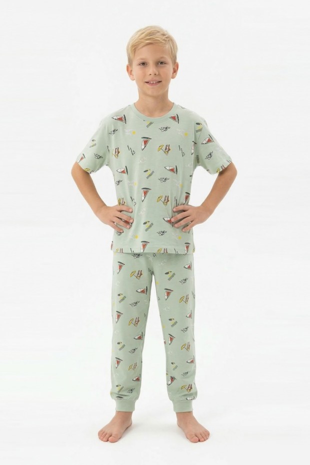 Garson Erkek Çocuk Yelkenli Desenli %100 Pamuk Reaktif Boyalı Süprem Kumaş Kısa Kollu Pijama Takımı
