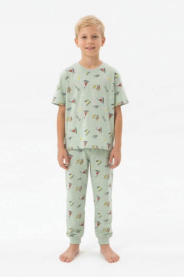 Garson Erkek Çocuk Yelkenli Desenli %100 Pamuk Reaktif Boyalı Süprem Kumaş Kısa Kollu Pijama Takımı