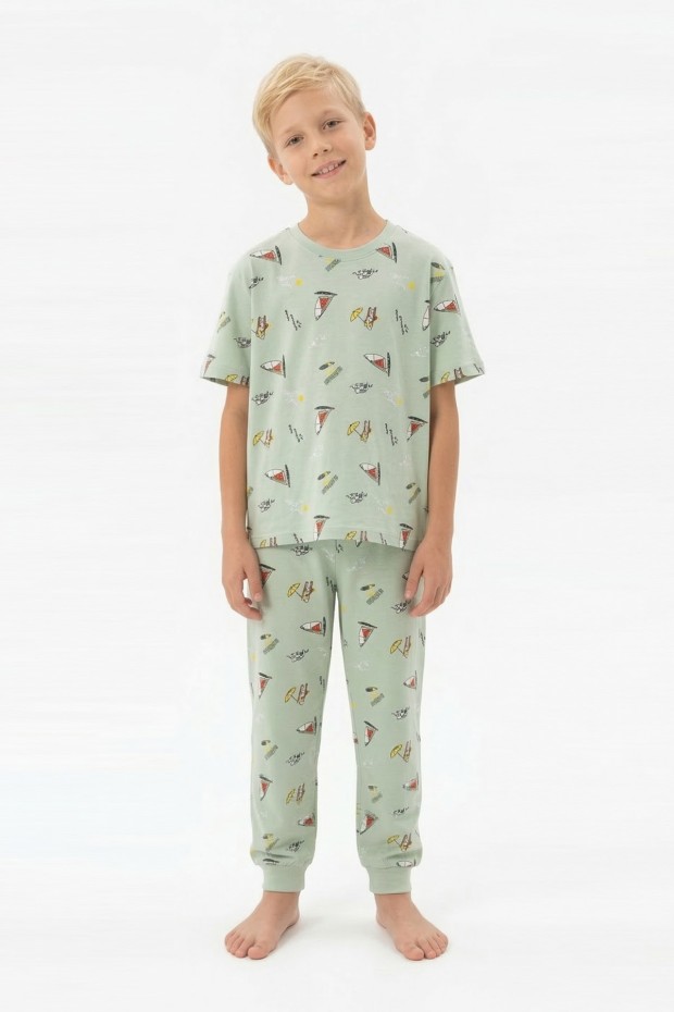 Garson Erkek Çocuk Yelkenli Desenli %100 Pamuk Reaktif Boyalı Süprem Kumaş Kısa Kollu Pijama Takımı