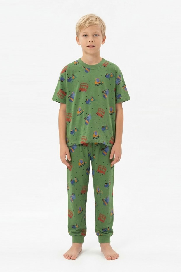 Garson Erkek Çocuk İş Makineleri Desenli %100 Pamuk Reaktif Boyalı Süprem Kumaş Kısa Kollu Pijama Takımı 