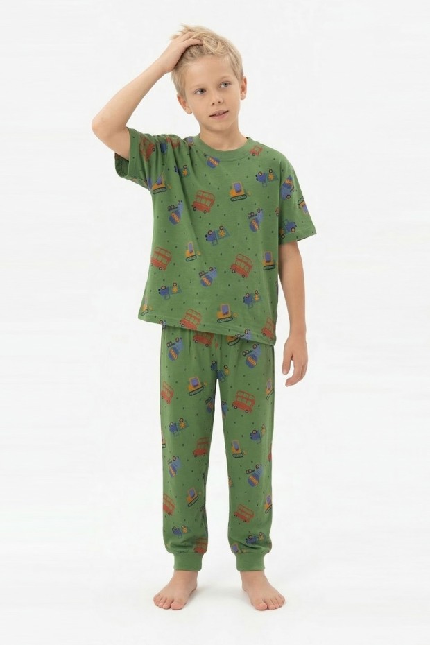 Garson Erkek Çocuk İş Makineleri Desenli %100 Pamuk Reaktif Boyalı Süprem Kumaş Kısa Kollu Pijama Takımı 