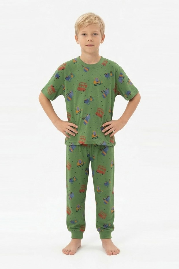Garson Erkek Çocuk İş Makineleri Desenli %100 Pamuk Reaktif Boyalı Süprem Kumaş Kısa Kollu Pijama Takımı 