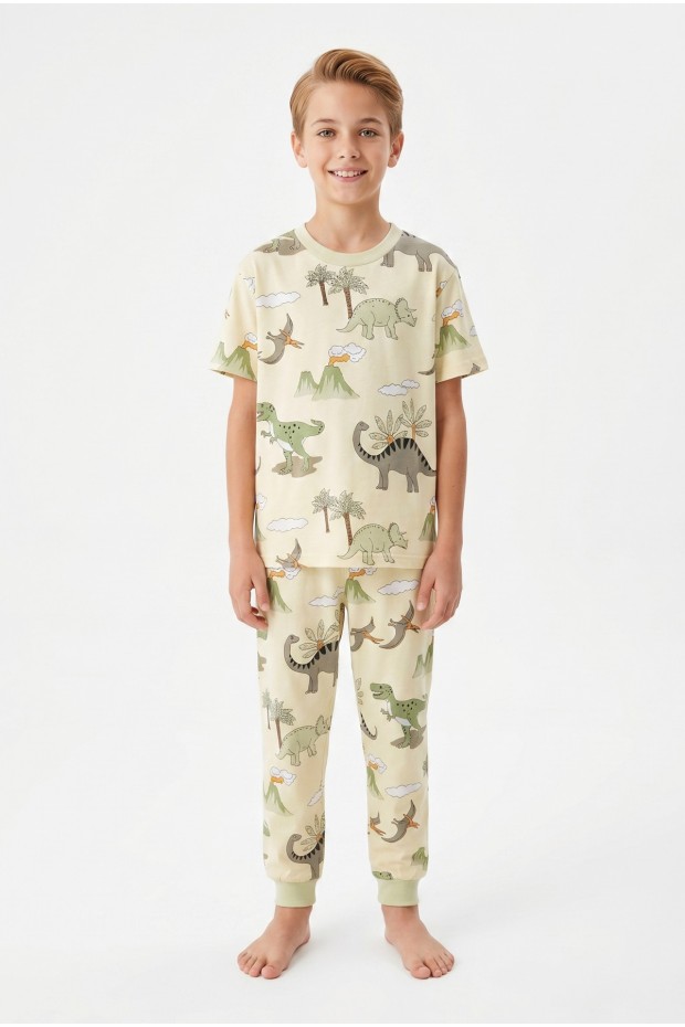 Garson Erkek Çocuk Dinozor Desenli %100 Pamuk Süprem Kumaş Kısa Kollu Pijama