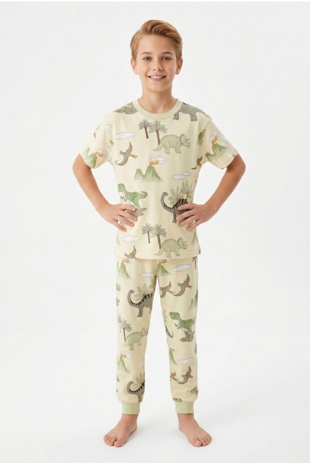 Garson Erkek Çocuk Dinozor Desenli %100 Pamuk Süprem Kumaş Kısa Kollu Pijama