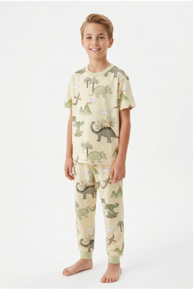 Garson Erkek Çocuk Dinozor Desenli %100 Pamuk Süprem Kumaş Kısa Kollu Pijama