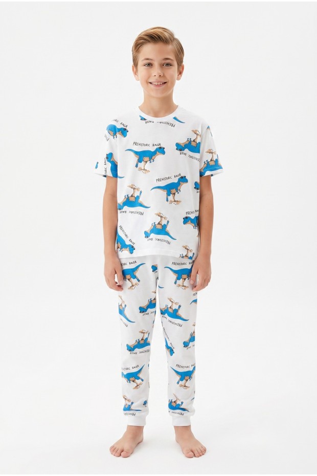 Garson Erkek Çocuk Dinozor Desenli %100 Pamuk Süprem Kumaş Kısa Kollu  Pijama Takımı