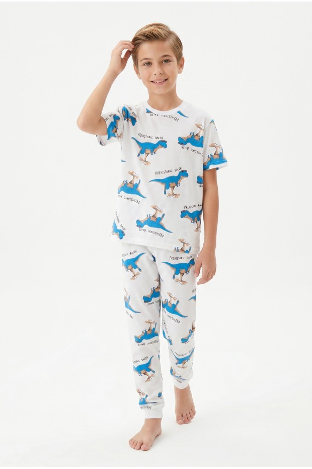 Garson Erkek Çocuk Dinozor Desenli %100 Pamuk Süprem Kumaş Kısa Kollu  Pijama Takımı