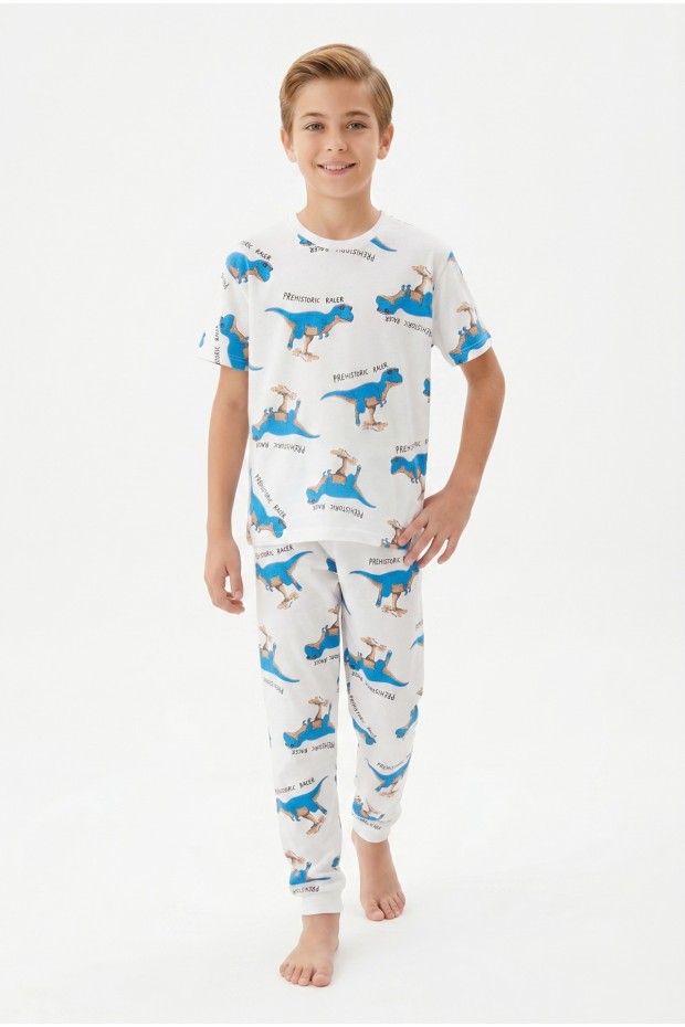 Garson Erkek Çocuk Dinozor Desenli %100 Pamuk Süprem Kumaş Kısa Kollu  Pijama Takımı
