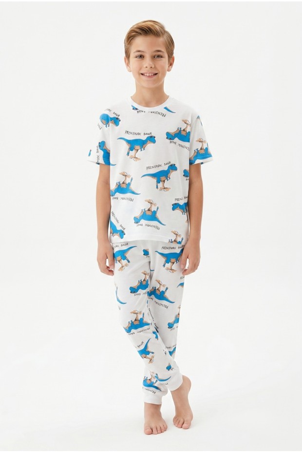 Garson Erkek Çocuk Dinozor Desenli %100 Pamuk Süprem Kumaş Kısa Kollu  Pijama Takımı