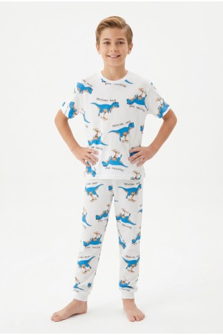 Garson Erkek Çocuk Dinozor Desenli %100 Pamuk Süprem Kumaş Kısa Kollu  Pijama Takımı