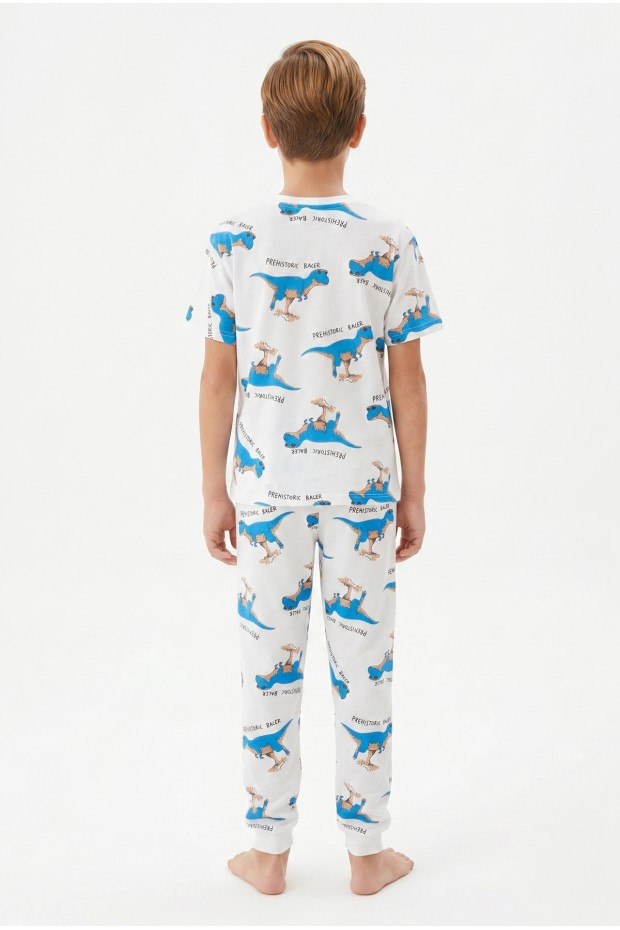 Garson Erkek Çocuk Dinozor Desenli %100 Pamuk Süprem Kumaş Kısa Kollu  Pijama Takımı