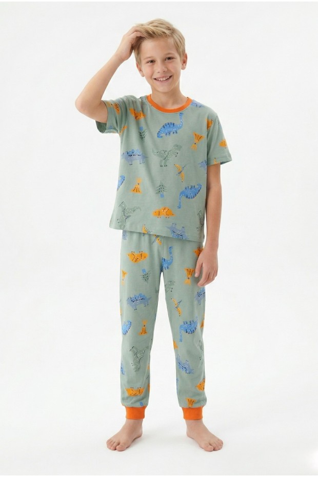 Garson Erkek Çocuk Dinozor Desenli %100 Pamuk Reaktif Boyalı Süprem Kumaş Kısa Kollu Pijama Takımı 