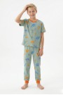 Garson Erkek Çocuk Dinozor Desenli %100 Pamuk Reaktif Boyalı Süprem Kumaş Kısa Kollu Pijama Takımı 