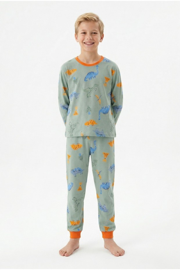 Garson Erkek Çocuk Dinozor Desenli %100 Pamuk Reaktif Boyalı Süprem Kumaş Kısa Kollu Pijama Takımı 
