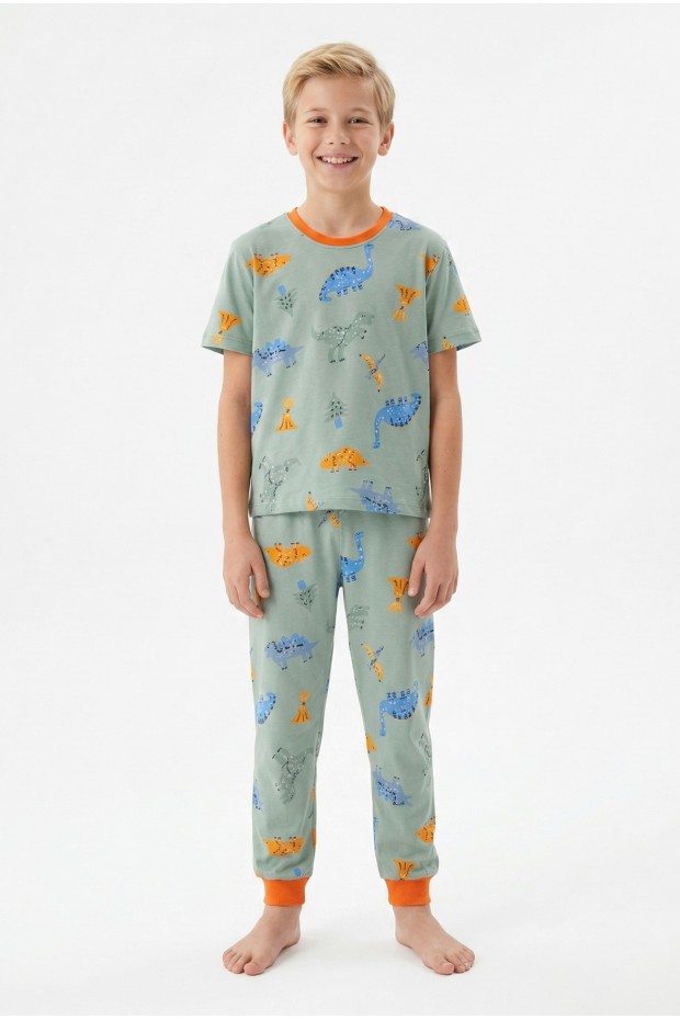 Garson Erkek Çocuk Dinozor Desenli %100 Pamuk Reaktif Boyalı Süprem Kumaş Kısa Kollu Pijama Takımı 