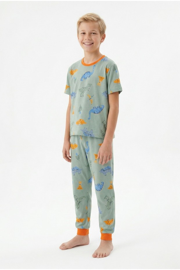 Garson Erkek Çocuk Dinozor Desenli %100 Pamuk Reaktif Boyalı Süprem Kumaş Kısa Kollu Pijama Takımı 