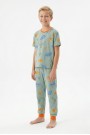 Garson Erkek Çocuk Dinozor Desenli %100 Pamuk Reaktif Boyalı Süprem Kumaş Kısa Kollu Pijama Takımı 