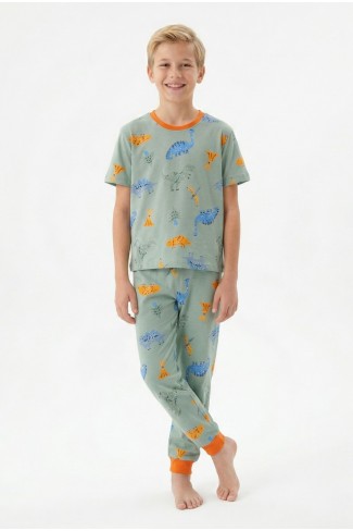 Garson Erkek Çocuk Dinozor Desenli %100 Pamuk Reaktif Boyalı Süprem Kumaş Kısa Kollu Pijama Takımı 