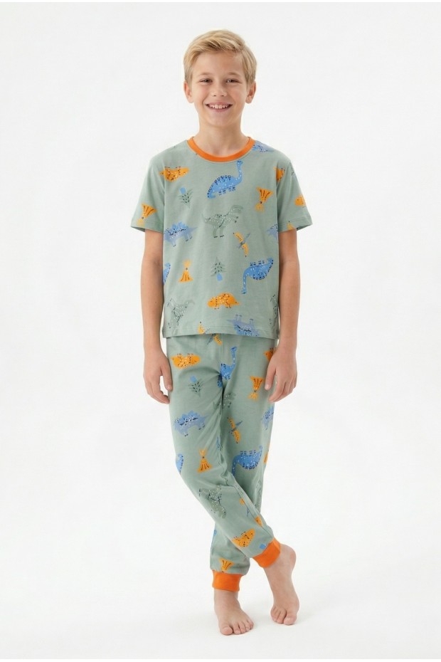 Garson Erkek Çocuk Dinozor Desenli %100 Pamuk Reaktif Boyalı Süprem Kumaş Kısa Kollu Pijama Takımı 