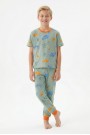 Garson Erkek Çocuk Dinozor Desenli %100 Pamuk Reaktif Boyalı Süprem Kumaş Kısa Kollu Pijama Takımı 
