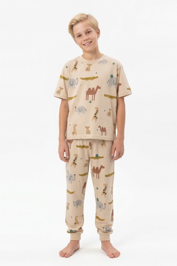 Garson Erkek Çocuk Safari Hayvan Desenli  %100 Pamuk Reaktif Boyalı Süprem Kumaş Kısa Kollu Pijama Takımı