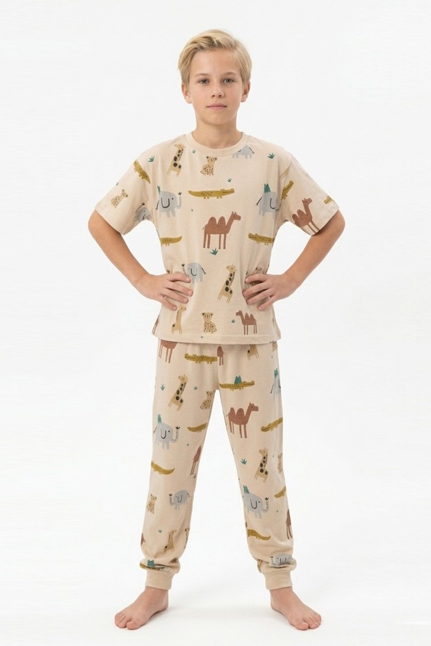 Garson Erkek Çocuk Safari Hayvan Desenli  %100 Pamuk Reaktif Boyalı Süprem Kumaş Kısa Kollu Pijama Takımı
