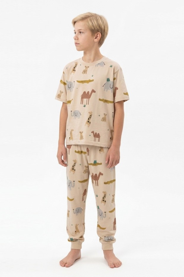 Garson Erkek Çocuk Safari Hayvan Desenli  %100 Pamuk Reaktif Boyalı Süprem Kumaş Kısa Kollu Pijama Takımı
