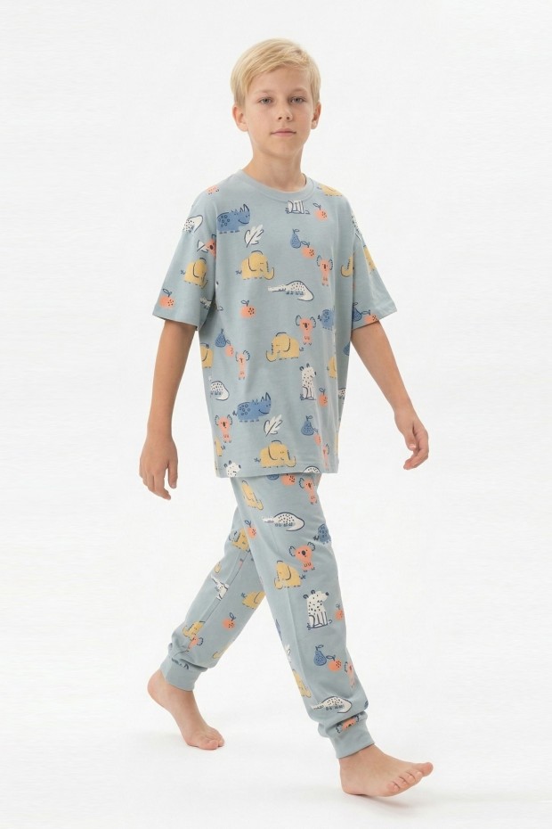 Garson Erkek Çocuk Koala ve Fil Figürlü %100 Pamuk Reaktif Boyalı Süprem Kumaş Kısa Kollu Pijama Takımı