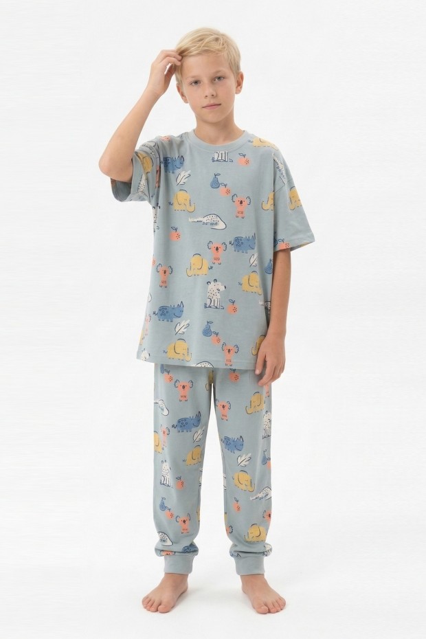 Garson Erkek Çocuk Koala ve Fil Figürlü %100 Pamuk Reaktif Boyalı Süprem Kumaş Kısa Kollu Pijama Takımı