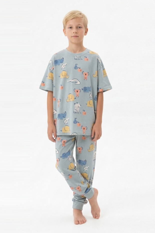 Garson Erkek Çocuk Koala ve Fil Figürlü %100 Pamuk Reaktif Boyalı Süprem Kumaş Kısa Kollu Pijama Takımı