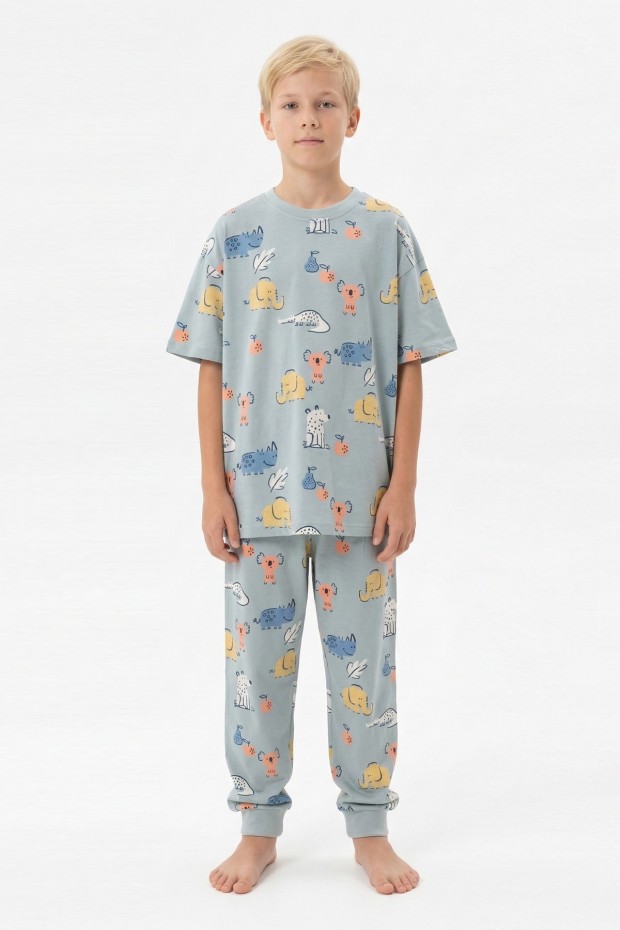 Garson Erkek Çocuk Koala ve Fil Figürlü %100 Pamuk Reaktif Boyalı Süprem Kumaş Kısa Kollu Pijama Takımı