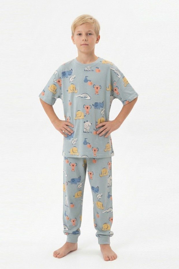 Garson Erkek Çocuk Koala ve Fil Figürlü %100 Pamuk Reaktif Boyalı Süprem Kumaş Kısa Kollu Pijama Takımı