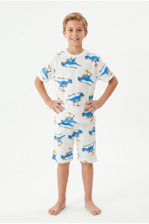 Garson Erkek Çocuk Dinozor Desenli %100 Pamuk Süprem Kumaş Kısa Kollu Şortlu Pijama Takımı