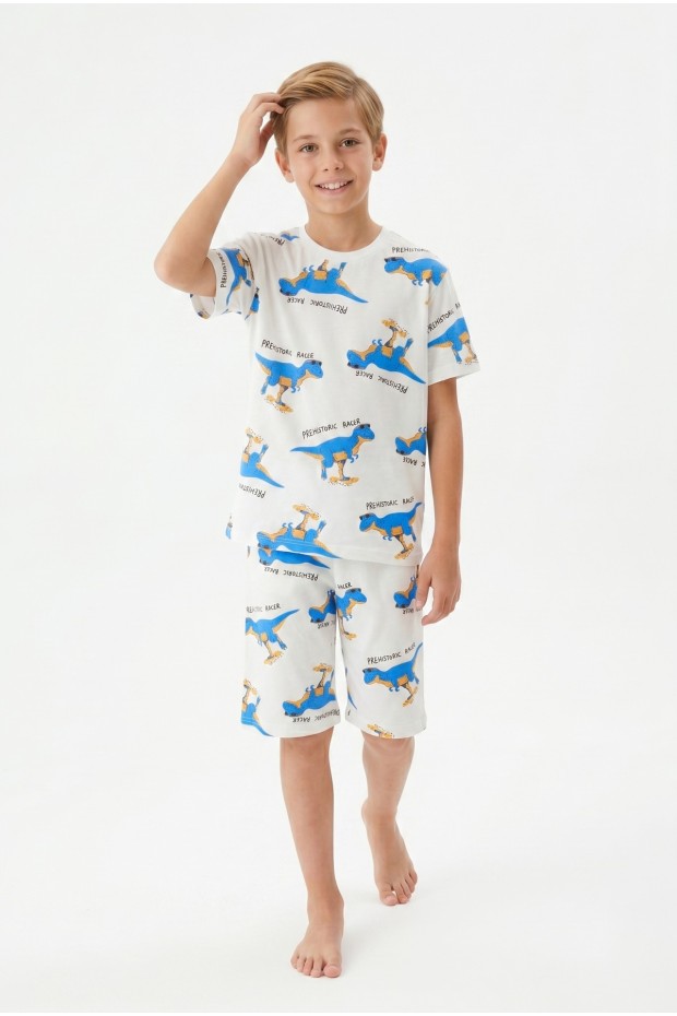 Garson Erkek Çocuk Dinozor Desenli %100 Pamuk Süprem Kumaş Kısa Kollu Şortlu Pijama Takımı