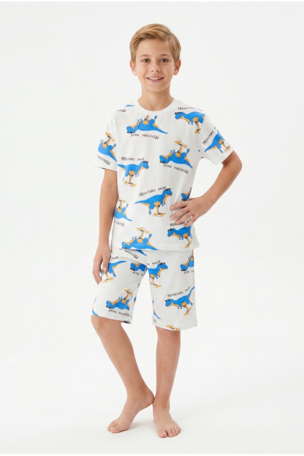 Garson Erkek Çocuk Dinozor Desenli %100 Pamuk Süprem Kumaş Kısa Kollu Şortlu Pijama Takımı