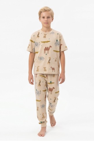 Garson Erkek Çocuk Safari Hayvan Desenli  %100 Pamuk Reaktif Boyalı Süprem Kumaş Kısa Kollu Pijama Takımı