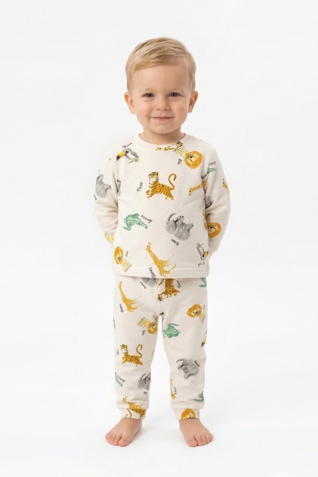 Erkek Bebek Safari Dünyası Hayvan Baskılı %100 Pamuk Reaktif Boyama İnterlok Kumaş Uzun Kollu Pijama Takımı